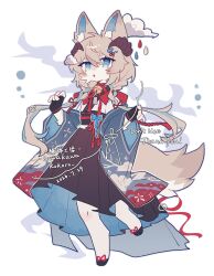  1girl :o animal_ear_fluff animal_feet barefoot bell blue_eyes body_fur braid cat_girl clothing_request colored_inner_animal_ears digitigrade fingerless_gloves full_body furry furry_female gloves hair_ornament hairclip heatbeat2005 highres horns japanese_clothes medium_hair neck_bell original short_hair skirt standing standing_on_one_leg twin_braids white_background 