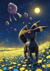  :o absurdres commentary_request drifblim drifloon field fish.boy flower flower_field highres looking_up moon night open_mouth outdoors pokemon red_eyes sky umbreon yellow_flower 