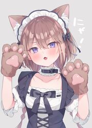  1girl animal_ear_fluff animal_ears animal_hands black_dress blush braid breasts brown_gloves brown_hair collarbone commentary_request dress ebihara_beniko fang gloves grey_background hair_between_eyes hands_up highres long_hair looking_at_viewer low_twintails open_mouth original paw_gloves puffy_short_sleeves puffy_sleeves shirt short_sleeves simple_background sleeveless sleeveless_dress small_breasts solo translation_request twin_braids twintails upper_body very_long_hair violet_eyes white_shirt 