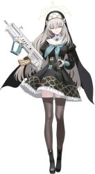  1girl assault_rifle black_boots black_dress black_gloves black_thighhighs black_veil blue_archive blue_neckerchief boots breasts bullpup closed_eyes closed_mouth collar cross_halo crossed_bangs dress eyelashes facing_viewer frills full_body game_asset gloves grey_hair gun hair_between_eyes halo highres holding holding_gun holding_weapon iwi_tavor large_breasts light_smile long_hair long_sleeves mx2j neckerchief nun nun_headdress official_art puffy_sleeves rifle sakurako_(blue_archive) simple_background solo standing tachi-e thigh-highs third-party_source transparent_background trinity_general_school_logo veil very_long_hair weapon white_collar yellow_halo 