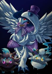  :< :d absol alternate_color animal_focus asymmetrical_horns black_bow black_fur blue_background blue_fur bow bowtie bright_pupils claws clothed_pokemon coat fangs feathered_wings fox full_body grey_fur hat highres hisuian_zorua horns i_my_mo55 looking_at_viewer mega_absol mega_pokemon neck_fur no_humans one_eye_covered open_mouth pink_eyes pokemon pokemon_(creature) pokemon_focus purple_bow purple_bowtie purple_coat purple_hat red_eyes shiny_pokemon simple_background smile standing uneven_horns white_fur white_pupils white_wings wings yellow_eyes zorua 