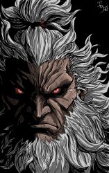  1boy akuma_(street_fighter) artist_name beard black_background commentary cropped_shoulders dark-skinned_male dark_skin facial_hair frown glaring glowing glowing_eyes grey_hair highres looking_at_viewer medium_hair no_eyebrows partially_shaded_face red_eyes signature simple_background solo street_fighter street_fighter_6 topknot veins zipy-zip-zip06 
