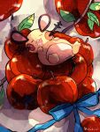  animal_focus apple artist_name blue_bow bow closed_eyes commentary_request dedenne dot_nose drooling food fruit hanabusaoekaki highres leaf no_humans pokemon pokemon_(creature) sleeping teeth upper_teeth_only 