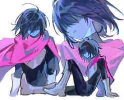  138x562 1other androgynous armor blue_hair blue_skin cape colored_skin deltarune gloves hand_on_ground highres kris_(dark_world)_(deltarune) kris_(deltarune) on_ground other_focus pink_cape shaded_face short_hair simple_background teeth utdr_(toby_fox) white_gloves 