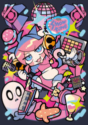  1boy 1girl 1other ahoge animal_ears bell bell_ear_ornament cat_ears cat_girl cat_tail computer_keyboard cup disco_ball drinking_glass food ghost gold_bell hair_bell hair_ornament heart heart_locket heart_necklace heart_pendant holding holding_microphone jewelry mad_mew_mew merchandise_available mettaton mettaton_(box) microphone microphone_stand napstablook necklace official_art pink_frills pink_hair sandwich solo_focus spotlight tail terada_tera trait_connection undertale utdr_(toby_fox) wine_glass 