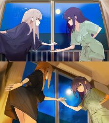  2girls air_conditioner blush breasts cho_kaguya-hime! closed_mouth commentary_request green_eyes green_shirt grey_hair highres hixii1238 holding_hands indoors kaguya_(cho_kaguya-hime!) long_hair medium_breasts mole mole_under_eye multiple_girls oversized_clothes oversized_shirt pajamas purple_hair sakayori_iroha shirt sidelocks window 