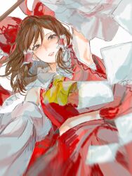 1girl armpits bow breasts brown_hair detached_sleeves duplicate hair_bow hair_ornament hakurei_reimu highres kitunegasak long_hair long_sleeves looking_at_viewer midriff_peek open_mouth pixel-perfect_duplicate red_bow solo touhou white_background 