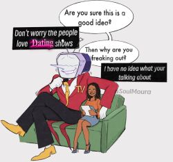 1boy 1girl 2025 2d anklet ant_tenna artist_name bead_anklet black_pants blue_dress brown_hair clothes_tug commentary couch crossed_legs crt dark-skin_female dark_skin deltarune digital_media dress english_commentary english_text female full_body gloves grey_shoes hetero high_heels highres holding holding_paper human humanoid humanoid_robot jewelry long_sleeves male necktie nervous no_eyes object_head oc_x_canon on_couch orange_shirt original original_character pants paper pointy_nose radio_antenna red_suit robot robot_boy shirt shoes simple_background sitting size_difference soulmoura speech_bubble suit sweat tailcoat television text utdr_(toby_fox) white_background white_gloves yellow_necktie yellow_shoes 