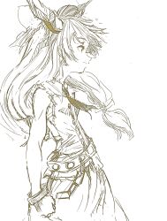  1girl belt bow chain clenched_hand closed_mouth commentary_request from_side greyscale hair_bow highres horns ibuki_suika long_hair monochrome motsuni_(artist) profile shirt sketch skirt sleeveless sleeveless_shirt slouching solo touhou 