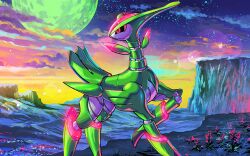  black_sclera closed_mouth clouds colored_sclera commentary english_commentary flower full_moon iron_leaves lens_flare looking_back moon no_humans non-humanoid_robot official_art outdoors pink_eyes pokemon pokemon_(creature) pokemon_focus pokemon_tcg pokemon_tcg_pocket robot robot_animal solo star_(sky) third-party_source yasukuni_kazumasa 