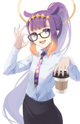  1girl :d absurdres alternate_costume black_skirt collared_shirt commentary cowboy_shot cup disposable_coffee_cup disposable_cup fang flat_chest glasses gradient_hair halo highres holding holding_cup hololive hololive_english long_hair long_sidelocks long_sleeves looking_at_viewer mole mole_under_eye multicolored_hair necktie ninomae_ina'nis nyaanite office_lady open_mouth pencil_skirt pointy_ears ponytail purple_hair purple_nails purple_necktie shirt sidelocks simple_background skirt smile solo teeth tentacle_hair traditional_halo upper_teeth_only very_long_hair violet_eyes virtual_youtuber white_background white_shirt 