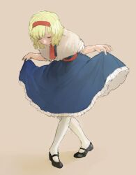  1girl alice_margatroid black_shoes blonde_hair blue_dress brown_background capelet commentary_request curtsey dress hairband highres holding_own_dress medium_hair motsuni_(artist) necktie pantyhose petticoat red_hairband red_necktie red_sash sash shirt shoes sketch solo touhou white_capelet white_pantyhose white_shirt 