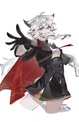  1girl aiguillette animal_ears arknights black_gloves black_jacket black_skirt blue_eyes bolo_tie cape commentary cropped_legs crossed_bangs gloves grey_hair grey_tail grin hair_between_eyes hair_ornament hairclip high-waist_skirt highres holding jacket lappland_(arknights) lappland_the_decadenza_(arknights) long_hair long_sleeves looking_at_viewer outstretched_arm parallel_hairclips red_cape sharp_teeth simple_background skirt smile solo standing tail teeth untranslatable_commentary white_background wolf_ears wolf_girl wolf_tail yomo_mochi3190 