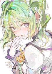  1girl absurdres bag bag_of_chips blush chips_(food) cocoballking commentary food food_on_face from_behind gloves green_hair hand_up highres holding holding_bag looking_at_viewer looking_back medium_hair notice_lines open_mouth potato_chips shirt simple_background solo stellive sweat turning_head twintails upper_body violet_eyes virtual_youtuber white_background white_gloves white_shirt yuzuha_riko 
