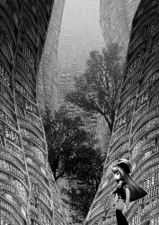  1girl book bookshelf boots closed_mouth commentary concerto_(that's!_izumiko) greyscale hat long_hair megastructure monochrome neckerchief oono_yasuyuki sailor_collar shirt short_sleeves shorts solo standing that's!_izumiko thigh_boots tree very_long_hair 