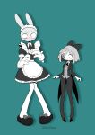  1boy 1girl alternate_costume animal_ears apron black_footwear black_pants blush bow button_eyes constricted_pupils full_body furry gloves hair_bow highres jax_(the_amazing_digital_circus) knkhnsan looking_at_another looking_down maid_apron pants rabbit_boy rabbit_ears ragatha_(the_amazing_digital_circus) simple_background standing suit sweatdrop the_amazing_digital_circus thigh-highs vest 