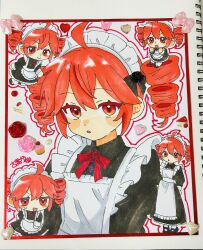  1girl ahoge apron ball_hands black_dress black_shoes blush_stickers bow buttons chibi chibi_inset cupcake dot_nose double-parted_bangs dress drill_hair food hair_between_eyes heart highres kasane_teto komori_kamome long_sleeves looking_at_viewer maid maid_apron maid_headdress multiple_views outline parted_lips red_bow red_eyes red_hair red_outline shoes sidelocks socks sweatdrop traditional_media twin_drills utau white_apron white_socks wing_collar 