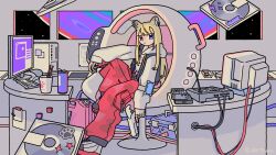  1girl absurdres animal_ear_fluff animal_ear_piercing animal_ears black_vest blonde_hair can cd_player chair chopsticks commentary_request computer computer_keyboard computer_mouse dog_ears dog_girl dog_tail drink_can highres hood hoodie instant_cup_noodles instant_noodles kmnz lita_(kmnz) long_hair monitor on_chair pants red_pants shoes shuujuu_misobata sitting sneakers solo tail vest violet_eyes virtual_youtuber white_hoodie white_shoes 