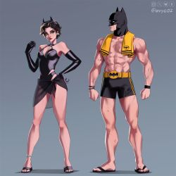  1boy 1girl abs animal_ears avyc02 bat_mask batman batman_(beach_bod_batman) batman_(series) batman_symbol belt bikini black_bikini black_gloves bruce_wayne cat_ears catwoman dc_comics fortnite gloves highres muscular muscular_male selina_kyle swimsuit topless_male utility_belt 