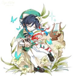  1boy :3 absurdres androgynous anemo_symbol_(genshin_impact) aqua_butterfly aqua_gem argyle_clothes argyle_pantyhose artist_name ascot baggy_shorts beret black_bow black_bowtie black_hair black_shoes blue_hair blush bow bowtie braid bug butterfly buttons cape chibi chibi_only closed_eyes closed_mouth collared_cape dated feathers floating_hair flower full_body gem genshin_impact gradient_hair green_cape green_hat green_shorts hair_between_eyes hair_flower hair_ornament hands_up hat hat_ornament highres instrument jewelry leaf leaf_hat_ornament long_sleeves lyre magicrabbit49586 male_focus multicolored_hair pantyhose pendant pom_pom_(clothes) puffy_long_sleeves puffy_sleeves shadow shirt shoes short_hair shorts simple_background smile solo standing standing_on_one_leg striped_bow striped_bowtie striped_clothes twin_braids two-sided_cape two-sided_fabric two-tone_hair venti_(genshin_impact) vision_(genshin_impact) white_ascot white_background white_feathers white_pantyhose white_shirt yellow_cape yellow_flower 