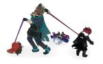  4boys babysitter black_hair coat crimzon_ruze crown fur_trim goldbullet grey_hair holding holding_leash holoarmis holostars holostars_english jacket jurard_t_rexford leash male_focus meme multicolored_hair multiple_boys octavio pet_walking punpunwan_09 redhead rough_day_for_mom_(meme) short_hair simple_background two-tone_hair virtual_youtuber white_background yamcha_pose_(meme) 