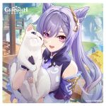  1girl :d absurdres animal animal_hug bare_shoulders black_gloves cat commentary cone_hair_bun detached_sleeves genshin_impact gloves hair_bun hair_ornament highres holding holding_animal holding_cat keqing_(genshin_impact) long_hair looking_at_viewer official_art open_mouth outdoors purple_hair smile solo twintails upper_body very_long_hair violet_eyes watermark white_cat 