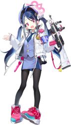  1girl antenna_hair baton_(weapon) black_pantyhose blue_archive blue_hair blue_hat blue_necktie blue_skirt blue_vest blush bow buttons charm_(object) collared_shirt drawstring fubuki_(blue_archive) full_body game_asset gun gun_sling hair_bow halo halo_behind_head hands_up hat head_tilt high_collar highres holding holding_gun holding_weapon jacket large_variant_set light_blush long_hair long_sleeves looking_at_viewer mimitoke miniskirt multicolored_hair necktie official_art open_clothes open_jacket open_mouth pantyhose peaked_cap pencil_skirt pink_halo pink_shoes pocket police police_badge police_hat police_uniform policewoman red_eyes rifle ruger_mini-14 scope shirt shoes shrugging simple_background skirt sleeves_past_wrists sneakers solo standing star_(symbol) streaked_hair tachi-e teeth third-party_source toes_up transparent_background twintails variant_set very_long_hair vest walkie-talkie weapon weapon_charm white_bow white_jacket white_shirt wide-eyed zipper 