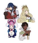  absurdres alcryst_(fire_emblem) ascot asymmetrical_hair blue_hair bow butterfly_hair_ornament celine_(fire_emblem) circlet cross-laced_clothes cross-laced_dress crown dark-skinned_male dark_skin dress dress_bow facial_mark feather_collar fire_emblem fire_emblem_engage fogado_(fire_emblem) folded_twintails gold_circlet green_eyes hahm0106 hair_flaps hair_ornament hair_rings hairclip heart heart_facial_mark high_collar highres hortensia_(fire_emblem) orange_bow orange_gemstone orange_wristband prince princess striped striped_dress vertical-striped_dress vertical_stripes very_dark_skin white_ascot wrist_bow yellow_dress 
