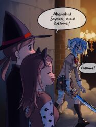  3girls absurdres animal_costume bandage_over_one_eye bandaged_arm bandaged_leg bandages black_skirt black_socks blue_eyes blue_hair bow cat_costume english_text gloamy halloween hat highres holding holding_sword holding_weapon kneehighs loafers mahou_shoujo_madoka_magica mahou_shoujo_madoka_magica:_walpurgis_no_kaiten mahou_shoujo_madoka_magica_(anime) miki_sayaka mitakihara_school_uniform multiple_girls plaid_clothes plaid_skirt red_bow school_uniform shoes skirt socks sword weapon witch witch_hat 
