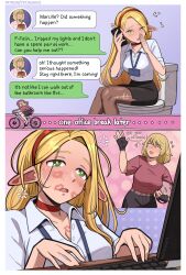  2girls ^_^ alternate_universe at_computer bicycle black_skirt blonde_hair blush breasts brown_pantyhose choker closed_eyes dazed dungeon_meshi ear_blush elf embarrassed full-face_blush green_eyes hairband highres implied_after_sex lanyard large_breasts lipstick_mark lipstick_mark_on_face long_hair marcille_donato multiple_girls office_lady on_bicycle paid_reward_available pantyhose pointy_ears red_choker red_hairband short_hair skirt talking_on_phone tatja_(tatjasng12) text_messaging toilet torn_clothes torn_pantyhose very_long_hair yuri 