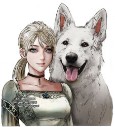  1girl 2026 blonde_hair blouse blue_eyes breasts brooch choker close-up collarbone commentary commission demento dog english_commentary english_text eyelashes fiona_belli hewie jewelry light_smile long_sleeves looking_at_viewer medium_breasts medium_hair parted_lips ponytail portrait shirt simple_background square_neckline tongue tongue_out vhyrel white_dog 
