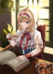  1girl alice_margatroid armchair blonde_hair blue_dress blue_eyes book capelet chair cookie cup dress erisauria food hairband highres holding holding_cup indoors lolita_hairband plant plate reading sitting sunlight teacup touhou white_capelet wrist_cuffs 