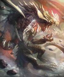  arthropod_limbs company_name copyright_notice cygames debris dragon full_body horns jabberwock_(shingeki_no_bahamut) monster monster_focus no_humans official_art open_mouth red_eyes rubble shadowverse shingeki_no_bahamut smoke solo xui_ton 