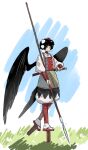  1girl alternate_costume armor baggy_pants bird_wings black_eyes black_hair black_pants black_wings closed_mouth dou fighting_stance frogsnake full_body geta hat holding holding_polearm holding_sword holding_weapon japanese_armor looking_at_viewer medium_bangs pants polearm pom_pom_(clothes) ready_to_draw red_footwear red_headwear shameimaru_aya sheath sheathed shirt short_hair smile solo spear sword tengu-geta tokin_hat touhou walking weapon white_shirt wings 