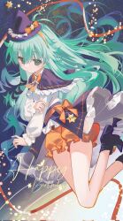  1girl alternate_costume capelet date_a_live dress frilled_dress frilled_sleeves frills green_eyes green_hair hair_between_eyes happy_birthday hat high_heels highres kyouno777 kyouno_natsumi long_hair long_sleeves looking_at_viewer ribbon shorts solo star_(symbol) witch_hat 