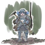  1girl alternate_costume armor armored_boots blue_eyes blue_hair boots breastplate chainmail commentary_request explosive faulds frogsnake full_body gauntlets grenade helmet hoe holding_hoe kawashiro_nitori leg_armor looking_at_viewer medium_bangs open_mouth pauldrons short_hair shoulder_armor smile solo touhou 
