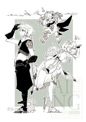  1boy 2girls 6b_na_no ? absurdres aether_(genshin_impact) ahoge arm_guards arm_up armor arms_up artist_name baggy_pants bare_shoulders belt boots braid breasts brother_and_sister closed_mouth detached_sleeves dress earrings flower flying from_side full_body genshin_impact gloves greyscale grumpy hair_between_eyes hair_flower hair_ornament half-closed_eyes halo hand_on_own_hip heart highres jewelry lightning_bolt_symbol long_hair long_sleeves looking_to_the_side looking_up low-braided_long_hair low-tied_long_hair lumine_(genshin_impact) mechanical_halo medium_breasts monochrome multiple_girls open_mouth outside_border paimon_(genshin_impact) pants partially_fingerless_gloves puffy_long_sleeves puffy_sleeves romper scarf shirt short_hair short_sleeves shoulder_armor siblings sidelocks simple_background single_braid single_earring single_thighhigh sleeveless sleeveless_dress squiggle standing star_(symbol) star_hair_ornament thigh-highs thigh_boots v-shaped_eyebrows watermark wavy_hair 