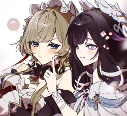  2girls ? arm_strap artist_name bare_shoulders black_hair black_sleeves blunt_bangs blush bow bowtie breasts bright_pupils brown_hair cheek_poking closed_mouth columbina_(genshin_impact) commentary_request cropped_torso detached_collar detached_sleeves dress feathered_wings flower frills from_side gem genshin_impact gradient_hair grumpy hair_ornament hair_tubes hand_up head_wings highres index_finger_raised jewelry long_hair long_sleeves looking_at_another medium_breasts multicolored_hair multiple_girls multiple_wings off-shoulder_dress off_shoulder pendant pink_flower poking purple_hair red_gem sandrone_(genshin_impact) short_hair_with_long_locks sidelocks simple_background smile speech_bubble spoken_question_mark strapless strapless_dress sunknown68 sweatdrop two-tone_hair upper_body v-shaped_eyebrows violet_eyes watermark wavy_hair white_background white_bow white_bowtie white_dress white_headdress white_pupils wide_sleeves wing_collar wings x_hair_ornament yuri 