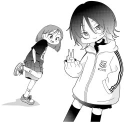  2girls androgynous cargo_shorts commentary_request greyscale jacket medium_hair miniskirt monochrome multiple_girls original pleated_skirt route_66 shoes shorts skirt sleeves_past_wrists sneakers sugimura_(sugiyan) thigh-highs tomboy turtleneck v zettai_ryouiki 
