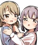  2girls :o blue_dress blush brown_eyes brown_hair dress grey_hair hair_flaps hair_intakes highres idolmaster idolmaster_cinderella_girls koshimizu_sachiko long_hair long_sleeves looking_at_another morikubo_nono multiple_girls open_mouth puffy_long_sleeves puffy_sleeves ringlets shirt simple_background sweat upper_body wavy_mouth white_background white_shirt yukie_(kusaka_shi) 