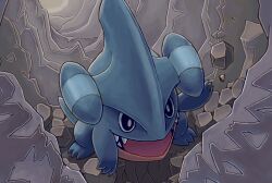  black_eyes bright_pupils cave_interior digging fangs fuchino_hiroki full_body gible no_humans official_art open_mouth pokemon pokemon_(creature) pokemon_focus pokemon_tcg rock solo third-party_source white_pupils 