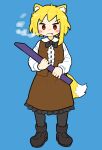  1girl :/ animal_ear_fluff animal_ears asymmetrical_hair black_bow black_bowtie black_footwear black_pantyhose blonde_hair blue_background blush boots bow bowtie breath brown_skirt brown_vest bseibutsu center_frills closed_mouth collared_shirt commentary_request cookie_(touhou) fang fox_ears fox_girl fox_tail frills full_body holding holding_pole long_sleeves looking_at_viewer medium_hair miramikaru_riran pantyhose pole red_eyes shirt short_bangs simple_background single_sidelock skirt solo standing tail v-shaped_eyebrows vest white_shirt 