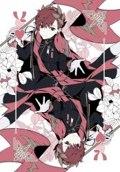  2girls black_jacket black_pants c2_v card card_(medium) cherry_(cytus) closed_mouth cytus cytus_ii ear_piercing flag gloves heart highres holding holding_flag jacket laurel_crown long_sleeves medal multiple_girls pants piercing playing_card playing_card_(medium) queen_(playing_card) queen_of_hearts_(playing_card) reaching reaching_towards_viewer red_eyes red_hair red_scarf rotational_symmetry scarf short_hair upside-down white_gloves 