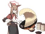  1girl animal_ears bamboo_steamer black_skirt blue_archive bowl breasts brown_hair cooking fried_rice_prank_(meme) gourd grey_eyes halo highres holding holding_ladle jacket ladle large_breasts long_hair long_sleeves looking_at_viewer meme neckerchief open_mouth red_jacket red_neckerchief rice rumi_(blue_archive) shirt simple_background skirt solo standing uni_gyoza white_background white_shirt wok 
