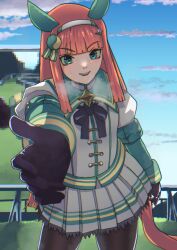  1girl animal_ears black_bow black_gloves black_pantyhose blue_sky blunt_bangs blush bow clouds ear_covers gloves green_eyes green_sailor_collar green_sleeves hairband hime_cut horse_ears horse_girl horse_tail long_hair long_sleeves looking_at_viewer nekozitamyaao offering_hand open_mouth orange_hair orange_tail outdoors outstretched_arm pantyhose pleated_skirt reaching reaching_towards_viewer sailor_collar silence_suzuka_(innocent_silence)_(umamusume) silence_suzuka_(umamusume) skirt sky smile solo sweat tail teeth umamusume upper_teeth_only white_hairband white_skirt 