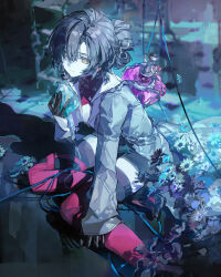  1girl absurdres black_gloves black_hair black_thighhighs closed_mouth coat firtho_(silver_palace) flower gloves hair_between_eyes highres holding jingmi long_sleeves looking_at_viewer multicolored_thighhighs open_clothes open_coat pink_thighhighs short_hair silver_palace solo thigh-highs two-tone_thighhighs yellow_eyes 