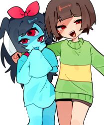  1girl 1other :d alternate_hairstyle aqua_(deltarune) aqua_shirt aqua_skin aqua_tongue arm_on_another's_shoulder black_hair blunt_bangs bow brown_hair brown_shorts chara_(undertale) collar colored_skin commentary_request cowboy_shot cropped_legs deltarune extra_eyes fang green_shirt hair_bow half-closed_eyes highres holding holding_knife kitchen_knife knife long_hair looking_at_viewer muki0919 own_hands_together red_bow red_collar red_eyes shirt short_hair shorts side_ponytail simple_background skin_fang smile third_eye tongue tongue_out twintails two-tone_sweater undertale utdr_(toby_fox) white_background 