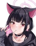  1girl animal_ears black_choker black_hair black_jacket black_nails blue_archive blunt_bangs blush candy choker colored_inner_hair commentary_request ear_piercing earrings food hair_ornament halo heart heart_choker heart_earrings heart_hair_ornament highres hood hooded_jacket jacket jewelry kazusa_(blue_archive) licking licking_another&#039;s_face lollipop long_sleeves mouth_hold multicolored_hair nail_polish piercing pink_eyes pink_hair pink_halo portrait rama_(yu-light8) ring short_hair sidelocks sleeves_past_wrists solo v x_hair_ornament 