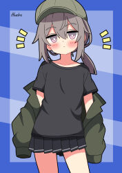  1girl absurdres baseball_cap black_outline black_shirt black_skirt blue_border blush border bright_pupils cheyanne_(girls'_frontline_2) close-up commentary_request cowboy_shot girls_frontline green_hat grey_eyes hair_between_eyes hat hendra highres jacket jacket_partially_removed long_sleeves looking_at_viewer m200_(girls'_frontline) outline outside_border pleated_skirt ponytail shirt short_hair skirt solo straight-on white_pupils 