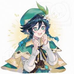  +_+ 1boy androgynous anemo_symbol_(genshin_impact) aqua_eyes artist_name ascot beret black_bow black_bowtie black_hair blue_gem blue_hair blush bow bowtie braid brown_corset buttons cape clenched_hands collared_cape corset floating_hair flower four-pointed_star gem genshin_impact gradient_hair green_cape green_hat green_shorts hair_between_eyes hands_up happy hat hat_flower hat_ornament leaf_hat_ornament long_sleeves looking_to_the_side male_focus multicolored_hair open_mouth pom_pom_(clothes) pon2oo puffy_long_sleeves puffy_sleeves shirt short_hair shorts simple_background smile solo striped_bow striped_bowtie striped_clothes teeth tongue twin_braids two-sided_cape two-sided_fabric two-tone_hair upper_body venti_(genshin_impact) vision_(genshin_impact) watermark white_ascot white_background white_flower white_shirt yellow_cape 